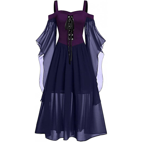 Maxikjole med sommerfugleærmer til kvinder, middelalder punk gotisk tøj, sexet Halloween kostume, kjoler med kolde skuldre og korset B-navy 3X-Large