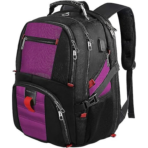 Matkareppu, 50 litran erittäin suuret kannettavan tietokoneen reput miehille ja naisille, vettähylkivä college-reppu, lentoyhtiön hyväksymä työreppu USB-latauksella purple