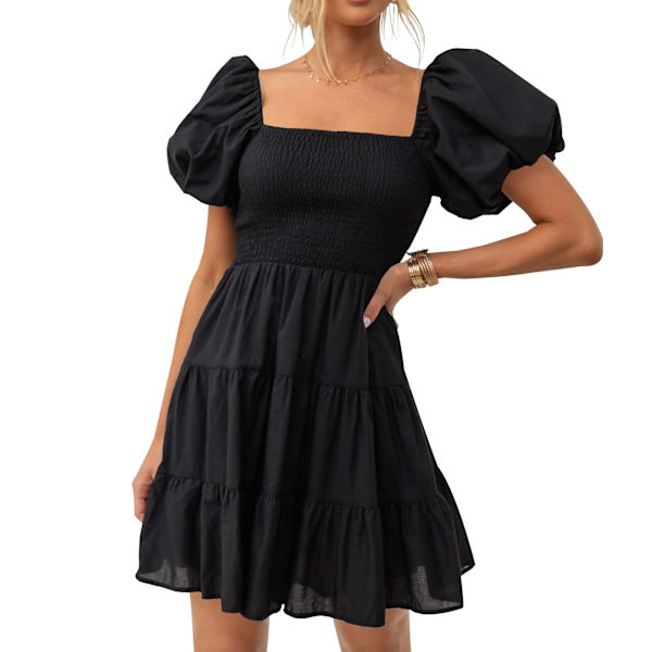 Dame Sommer Firkantet Hals Pufærme Off Shoulder Afslappet Kort Mini Kjole black M