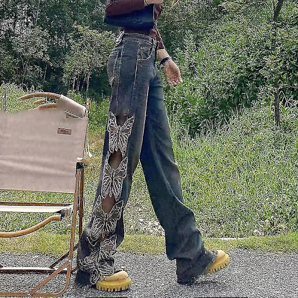 Kvinnors Cut Out Denimbyxor Fjäril Broderi Jeans M