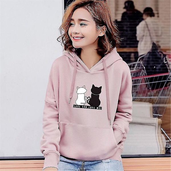 Dame Katteprint Hættetrøje Afslappet Løs Poset Snøre Hættetrøjer Pullover Toppe Pink L