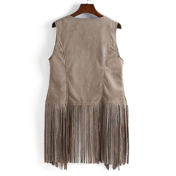 1970-tals Dam Tofs Ärmlös Kavajväst 70-tals Hippie Faux Mocka Fransad Väst Jacka Kofta Beige M