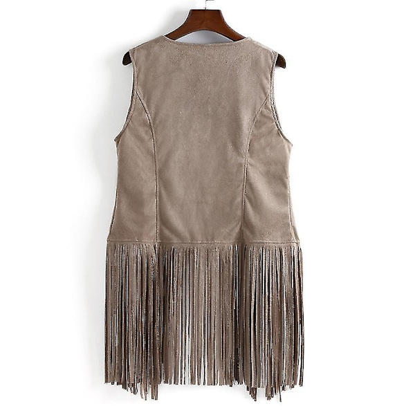 1970-tals Dam Tofs Ärmlös Kavajväst 70-tals Hippie Faux Mocka Fransad Väst Jacka Kofta Beige XL