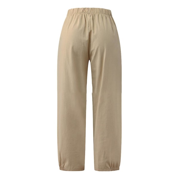 Dame Ensfarvede Elastiske Løse Cropped Bukser Sommer Casual Lange Bukser Khaki L