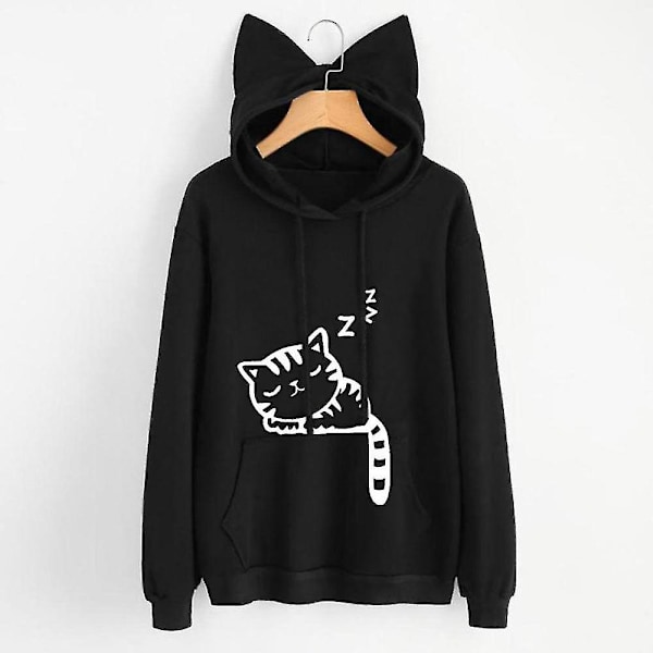 Kvinnor Hoodies Sweatshirt Kawaii Rosa Höst Cartoon Katt Mönster Långärmad Moletom Hoodie Sweatshirts Öra Hooed Mujer 01 Black L
