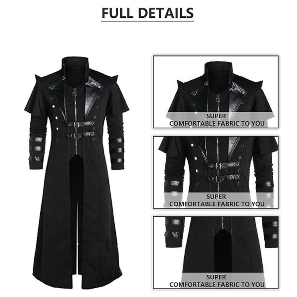 Vintage Halloween Middelalder Steampunk Assassin Alver Pirat Kostyme Voksen Menn Svart Lang Splitt Jakke Gotisk Rustning Lærfrakker Gray S