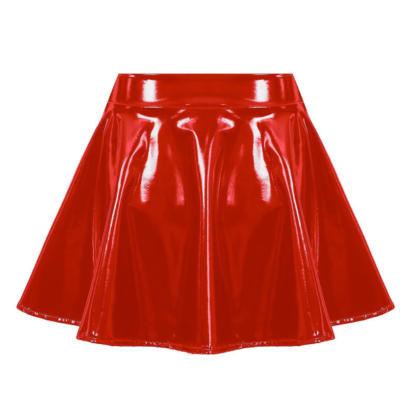 Dam Osynlig Dragkedja A-linjeformad Kort Mini Kjol Glansigt Lackläder Utsvängd Minikjol Klubb Bar Poledance Performance Kostym Red XL