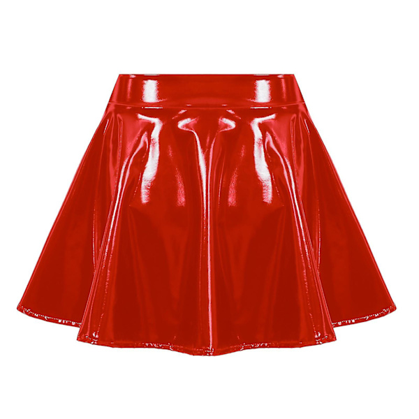 Dam Osynlig Dragkedja A-linjeformad Kort Mini Kjol Glansigt Lackläder Utsvängd Minikjol Klubb Bar Poledance Performance Kostym Red XXXL
