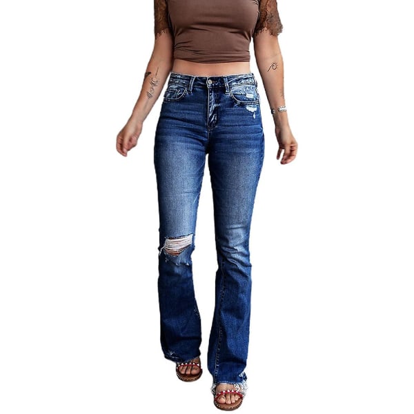 Kvinnor Rippade Skinny Utsvängda Jeans Byxor Bootcut Denim Byxor Casual Stretch Jeggings Dark Blue 2XL