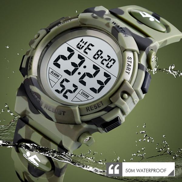 Fashion LED Digitalure til Piger Lysende Vandtæt Sportsur Army Green Camouflage
