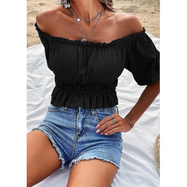 Sexig axelbandslös topp för damer med volang – Off Shoulder-topp i enfärgat Black XL