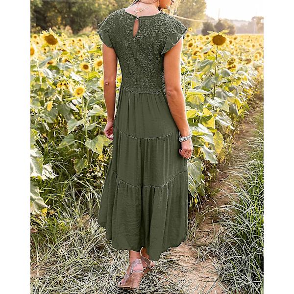 Sommarklänning för damer, ledig, med korta fjärilsärmar, rund hals, smockad resår i midjan och volangkjol i midilängd Armygreen Small
