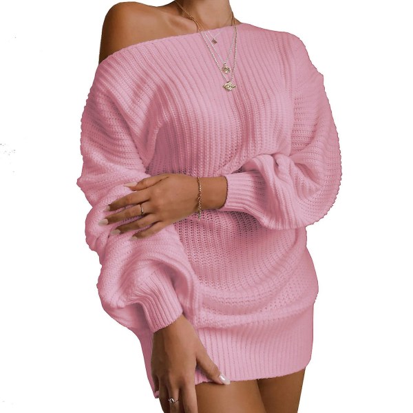 Dam Casual Tröja Stickad Klänning Enfärgad Långärmad Tröjklänning För Strandbesök Pink M
