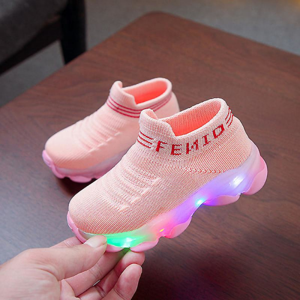 Barnesko Barn Baby Jenter Gutter Bokstav Mesh LED Lysende Sokker Sport Løpesko Pink 22