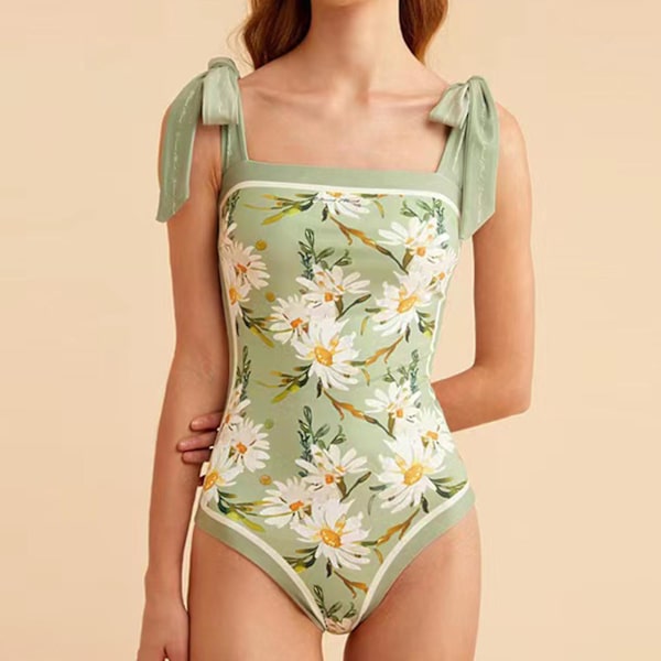 Klassisk blomsterprintet badedragt til kvinder, sexet firkantet halsudskæring, badetøj til strandfest, ferie Green L