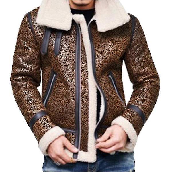 Herr Faux Lammskinn Fodrad MC-jacka Dragkedja Tjock Ytterkläder Brown XL