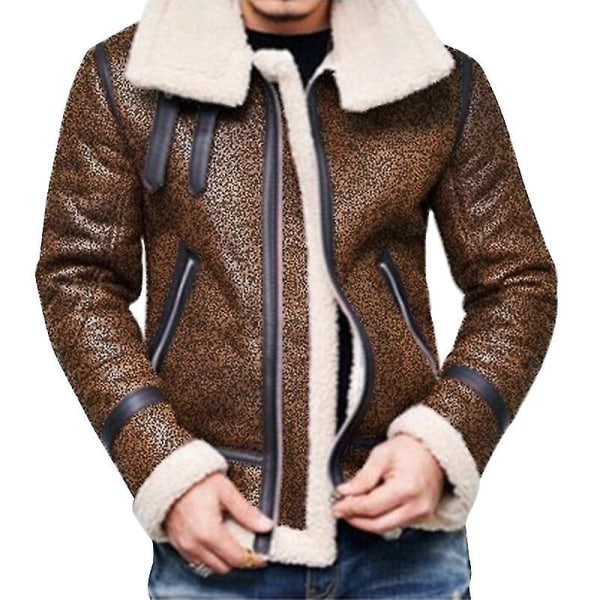 Herre Faux Lamme Fleece Foret Biker Jakke Lynlås Tykt Overtøj Brown XL