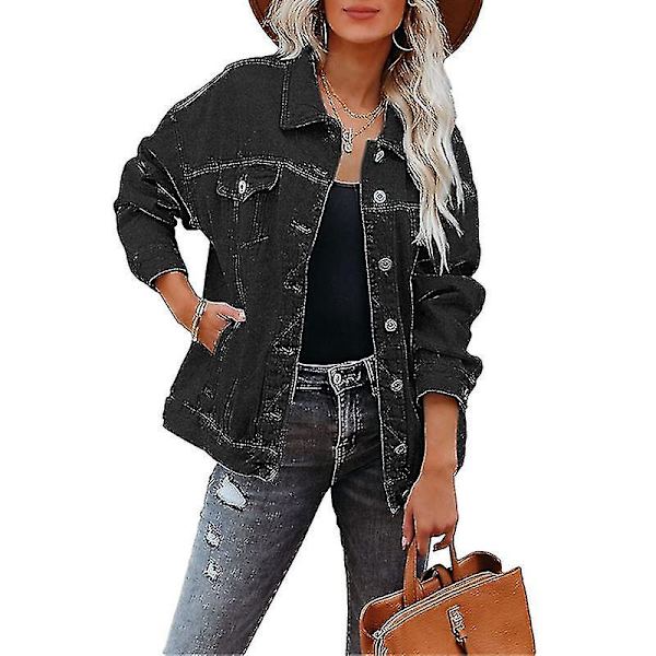 Dam Enfärgad Jeansjacka Lös Kavaj Enkelknäppt Street Jeansjacka Black M