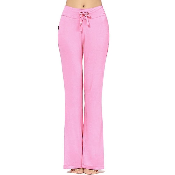 Dame Ensfarvede Løse Yogabukser med Snøre Åndbare Gymnastik Sports Pilates Lange Bukser Pink M