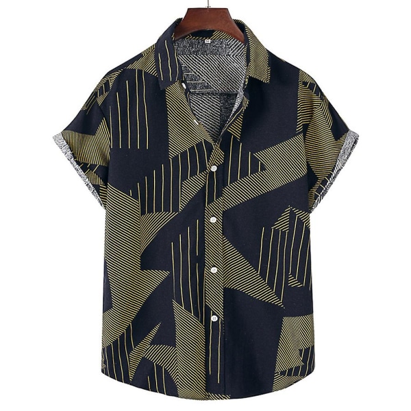 Herrskjorta i bomull och linne med knappar, kortärmad, tropisk stil, geometrisk tryck Navy 2XL