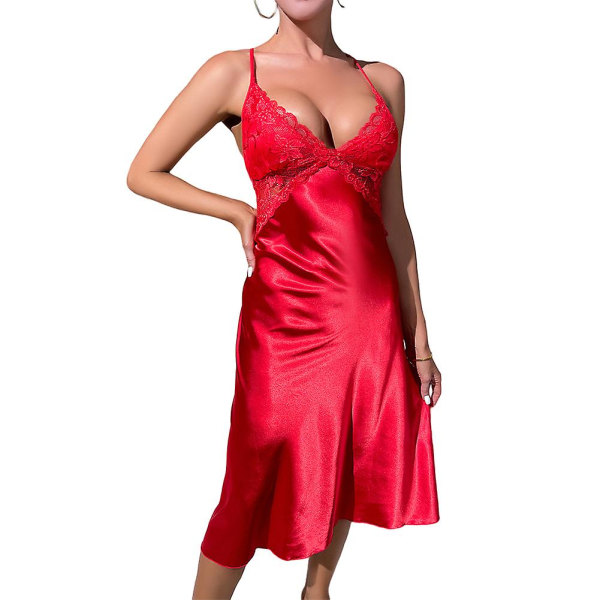 Lång spets nattlinne med korsad ryggrem Snygg andas Slims Fit Underkläder för kvinnor Kvinnor Red 2XL