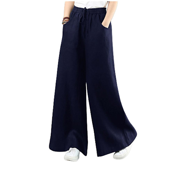 Dame Ensfarvede Elastiske Talje Lange Bukser Palazzo Forår Sommer Afslappet Snøre Løse Brede Ben Bukser Med Lommer Navy Blue M