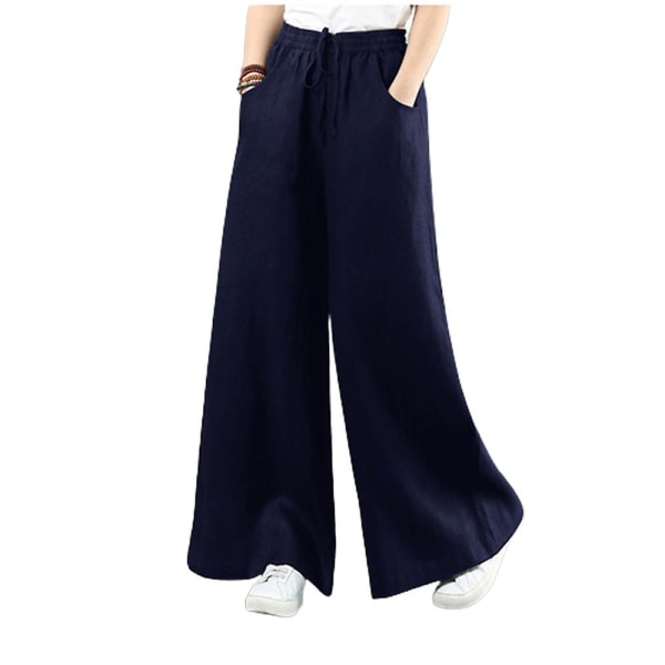 Dame Ensfarvede Elastiske Talje Lange Bukser Palazzo Forår Sommer Afslappet Snøre Løse Brede Ben Bukser Med Lommer Navy Blue XL