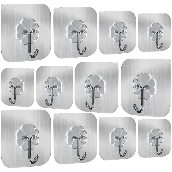 12-pack självhäftande krokar, kraftiga väggkrokar, starka självhäftande krokar Silver