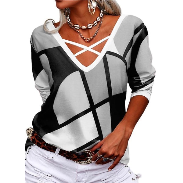 Kvinnor Geometrisk Print Toppar V-hals Långärmad Skjorta Casual Lös Pullover Blusar Gray 2XL
