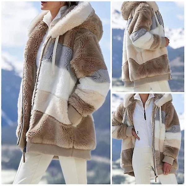 Vinter Kontrasterande Plysch Vadderad Rock Lös Passform Dragkedja Stängning Huva Rock Olika Färg Ytterkläder Khaki XXXL