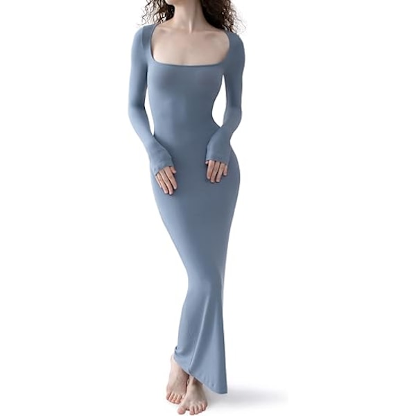 Kvinders firkantet hals langærmet maxikjole blød lounge ribstrikket bodycon kjole til kvinder blå M blue m