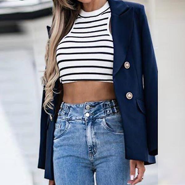 Dam Öppen Framsida Ytterkläder Elegant Arbetsblazer Sjalkrage Kofta Jacka Navy Blue L