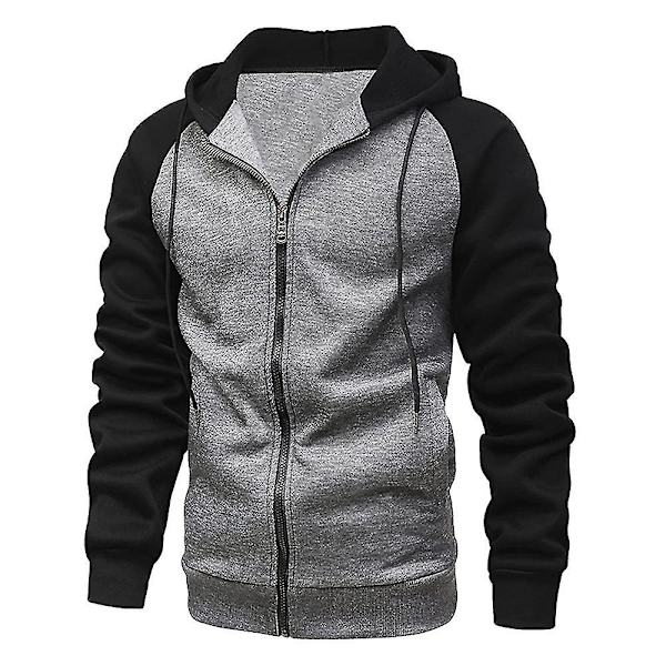 Färgblocksjacka med dragsko och huva för män, sportig avslappnad huvjacka med dragkedja, ytterkläder Dark Gray And Black XL