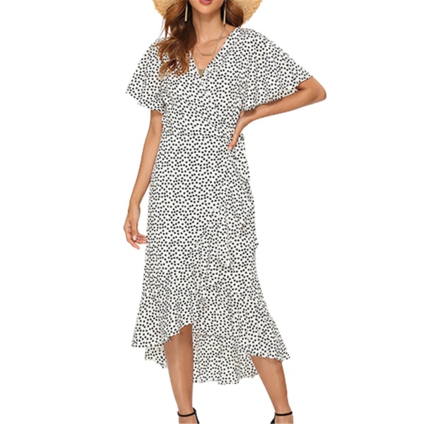 Dame Kjole med Bindebånd i Taljen, Chiffon, Sideslids, V-hals, Flæse, Kortærmet White S