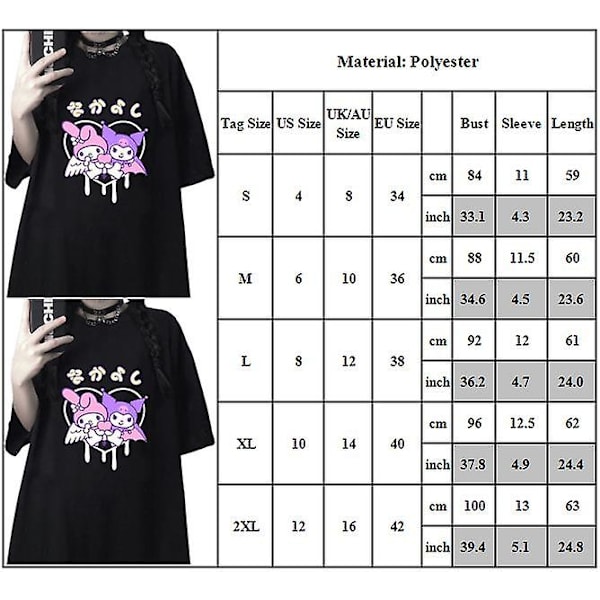Kuromi & My Melody Anime -printti T-paita Naiset Teinit Kesä Lyhythihainen Tee Rento Löysä Istuvuus Topit Harajuku T-paidat 2XL
