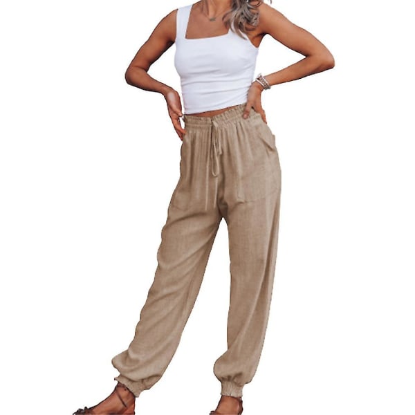 Dam Enfärgad Elastisk Midja Dragsko Joggers Snörning Långbyxor Casual Byxor Khaki S