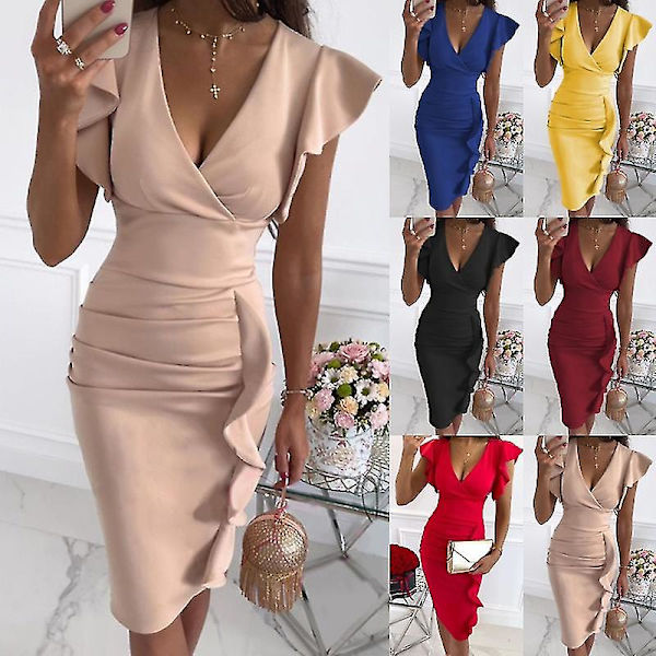 Dame V-hals Flæse Bodycon Midi Kjole Damer Plisseret Ol Arbejde Lille Festkjole Red M