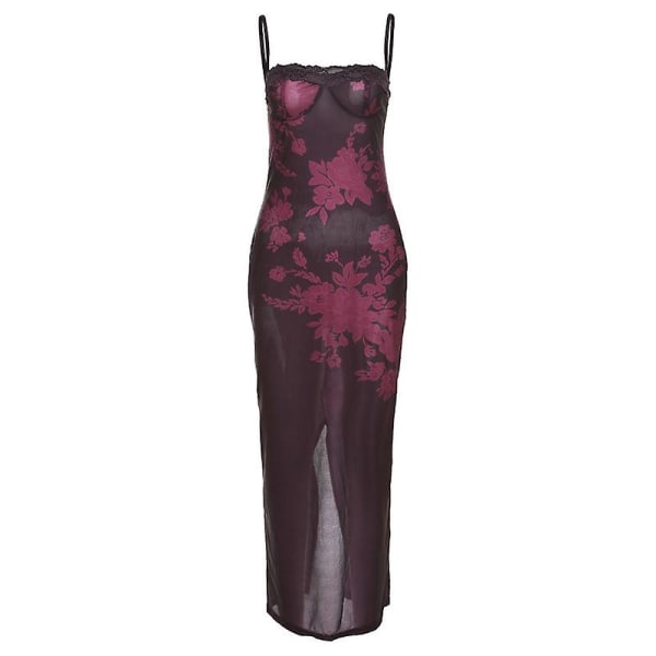 Printed klänning för kvinnor med spaghettiband Sexig lång kroppsklänning till middagsfest Ball Bankett klädsel L