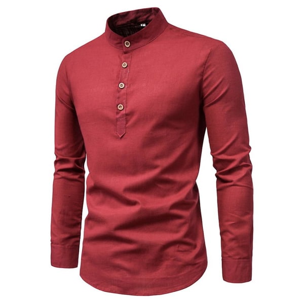 Herre Ensfarget Band Collar Skjorte Casual Business Langermet Knapper T-skjorte Pullover Topper Red 2XL