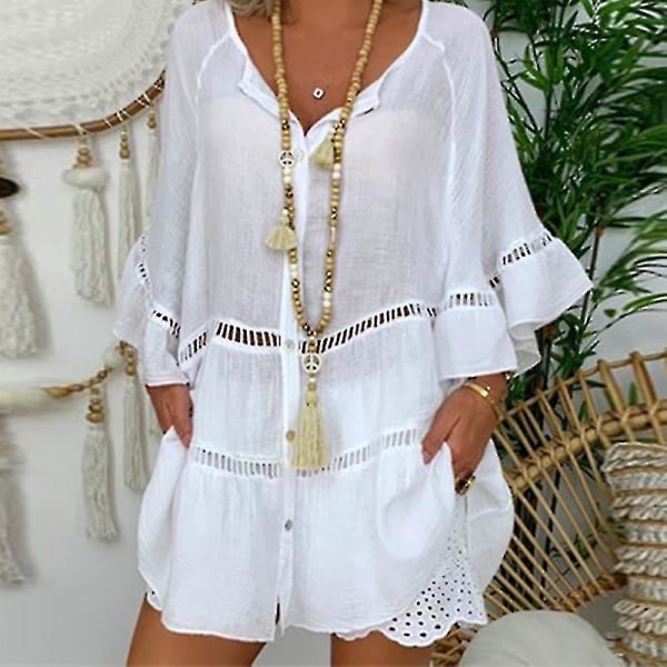 Dame Bomull Lin Hul Ut Ruffle Pullover Tunika Topper Bluse Skjorte Pluss Størrelse White 4XL