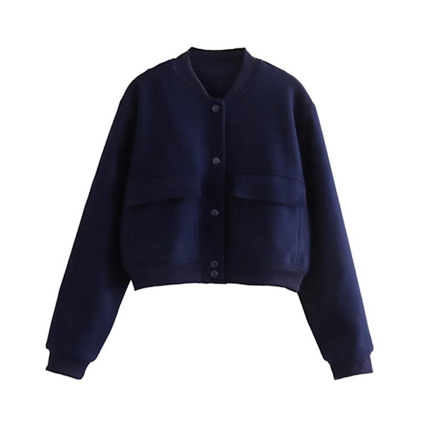 Retro Kort Uldjakke til Kvinder, Casual Ensfarvet Langærmet Jakke til Efterår og Vinter Dark Blue M