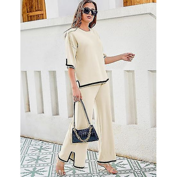 Fashion Kostym Färgkontrast Split Kortärmad Stickad + Högmidjade Slankande Vida Byxor Tvådelad Set Apricot L