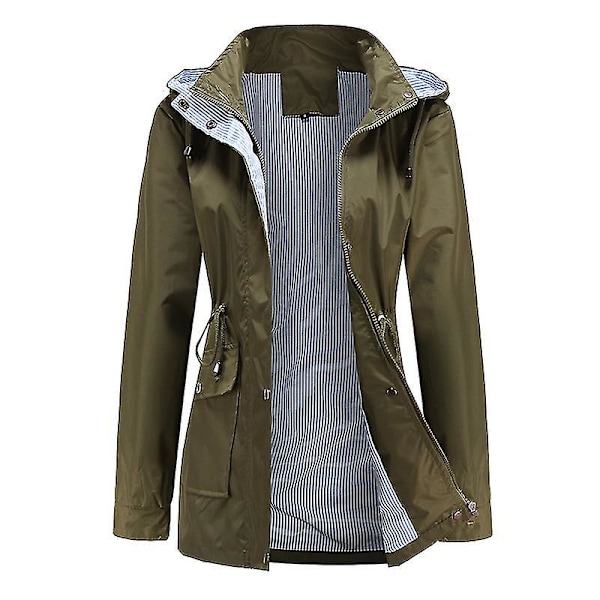 Dam Vattentät Jacka Vindjacka Ytterkläder Regnjacka Med Huva Dragkedja Kappa Olive Green XL