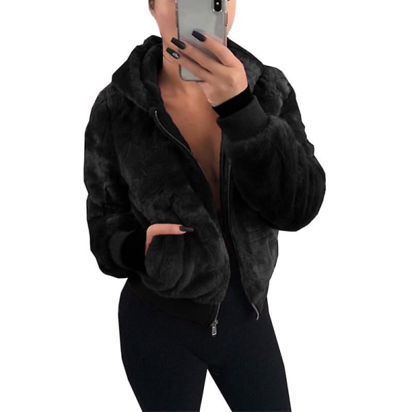 Kvinnors Fleece Fluffy Coat Hooded Jacket Ytterkläder Topp Black 3XL
