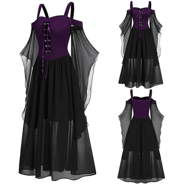 Maxikjole med sommerfugleærmer til kvinder, middelalder punk gotisk tøj, sexet Halloween kostume, kjoler med kolde skuldre og korset A-purple Large