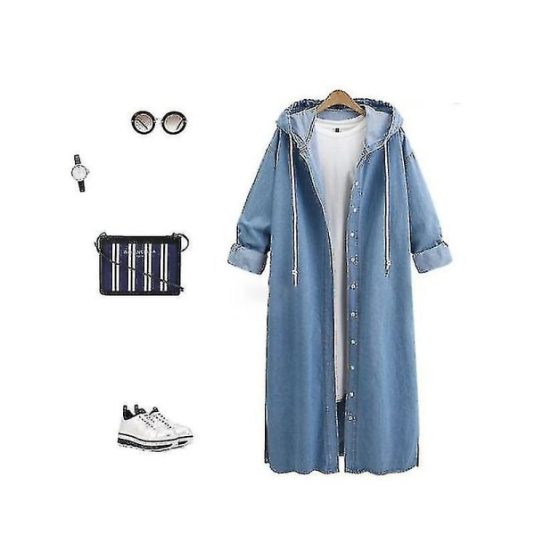 Dame Baggy Denimjakker Langermet Snøring Trenchcoat Høst Hettegensere Overfrakker Light Blue L
