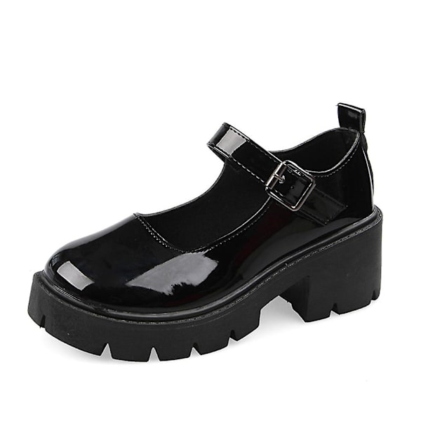 Kvinnor Spänne Läder Skor Hög Klack Slitstarka Rundade Skor För Dagligt Bruk 39 Bright Leather Black