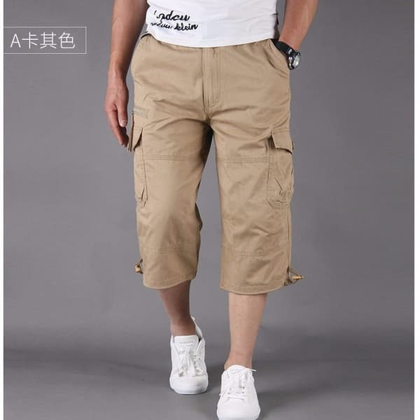3/4-dels lang cargo-bukse for herre med elastisk liv Khaki 3XL