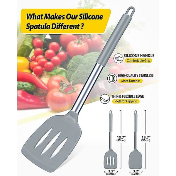 2-pack silikon stekspade, non-stick slitsad köksspatel, hög värmebeständig BPA-fria köksredskap, idealisk köksutrustning för fisk, ägg, pannkakor grey