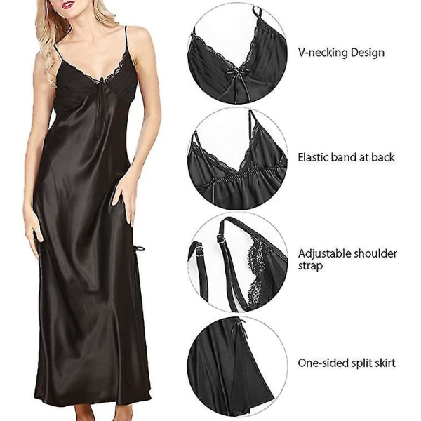 Dame Sateng Nattkjoler Lang Chemise Sexy Ermeløs Sidesplitt Nattkjole Spaghettistropp Nattøy Black S